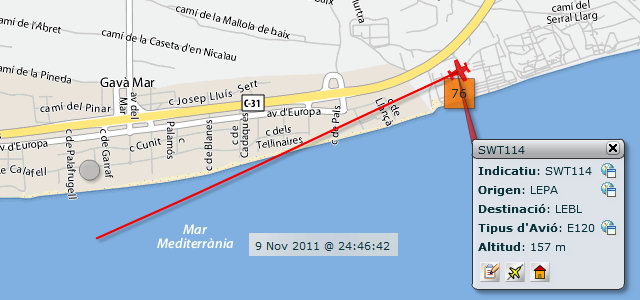 Avi� aproximant-se a l'aeroport de Barcelona-El Prat per aterrar a la tercera pista, en configuraci� est, sobrevolant Gav� Mar dins de l'horari nocturn i amb un elevad�ssim impacte ac�stic (9 Novembre 2011 - 00:46h)